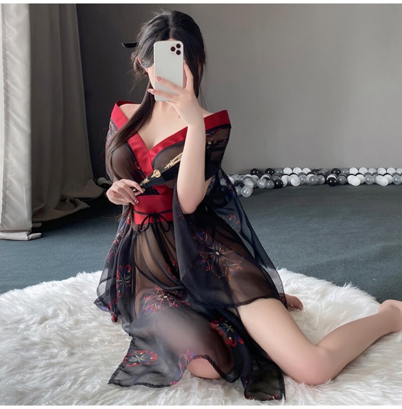 FEE ET MOI - Sexy Japanese Floral Print Kimono (Black Red)